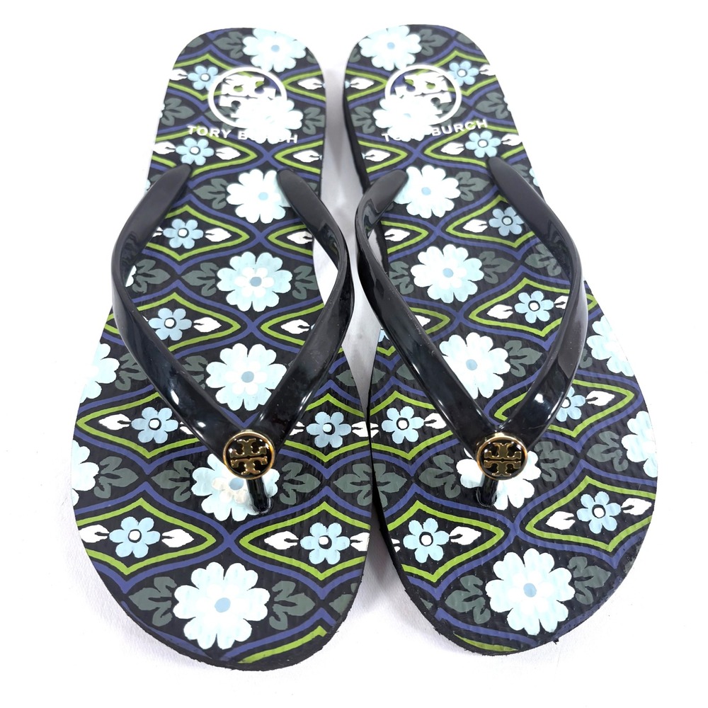 Tory Burch Flip Flop Sandals Black Floral Logo Thong Rubber Shoes Women Sz 9